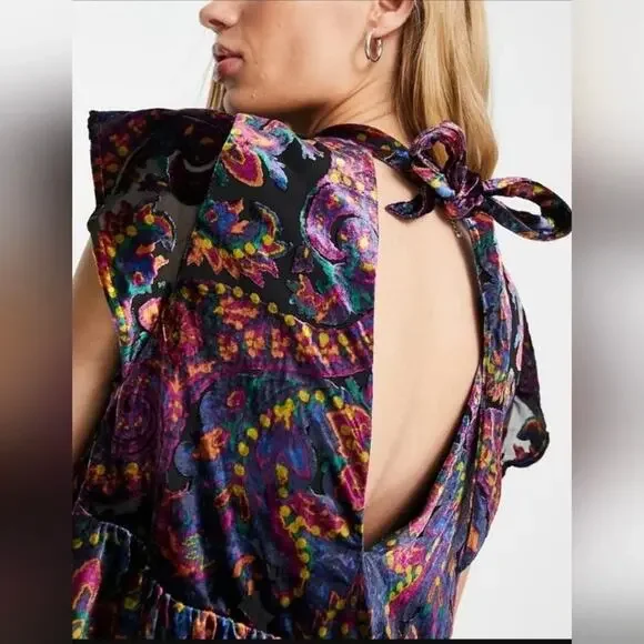 Free People Sz S All the Time Velvet Mini Dress in Dark Night Combo Boho Sexy - Picture 4 of 16